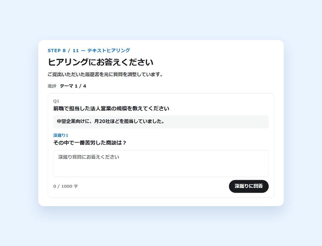 テキストヒアリングの画面。候補者の答えにAIが深掘りの質問を返している(画面の見本)