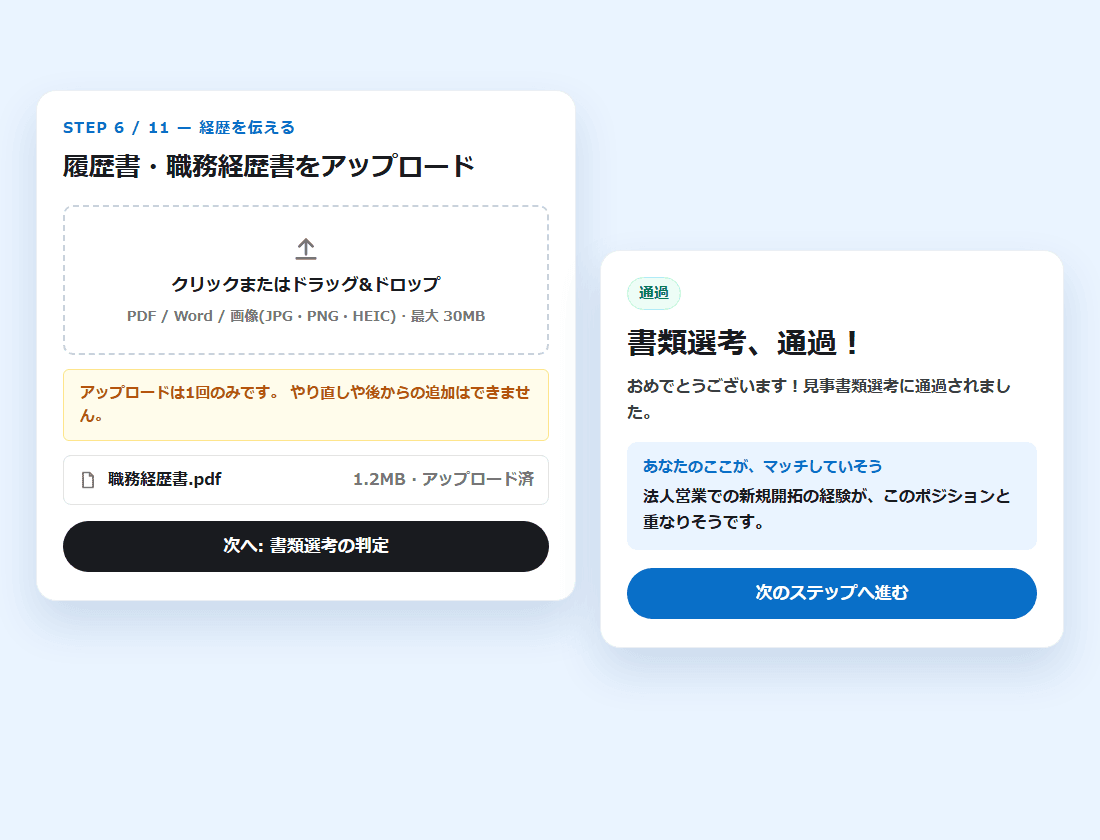 候補者が履歴書・職務経歴書をアップロードする画面と、「書類選考、通過!」の画面(画面の見本)