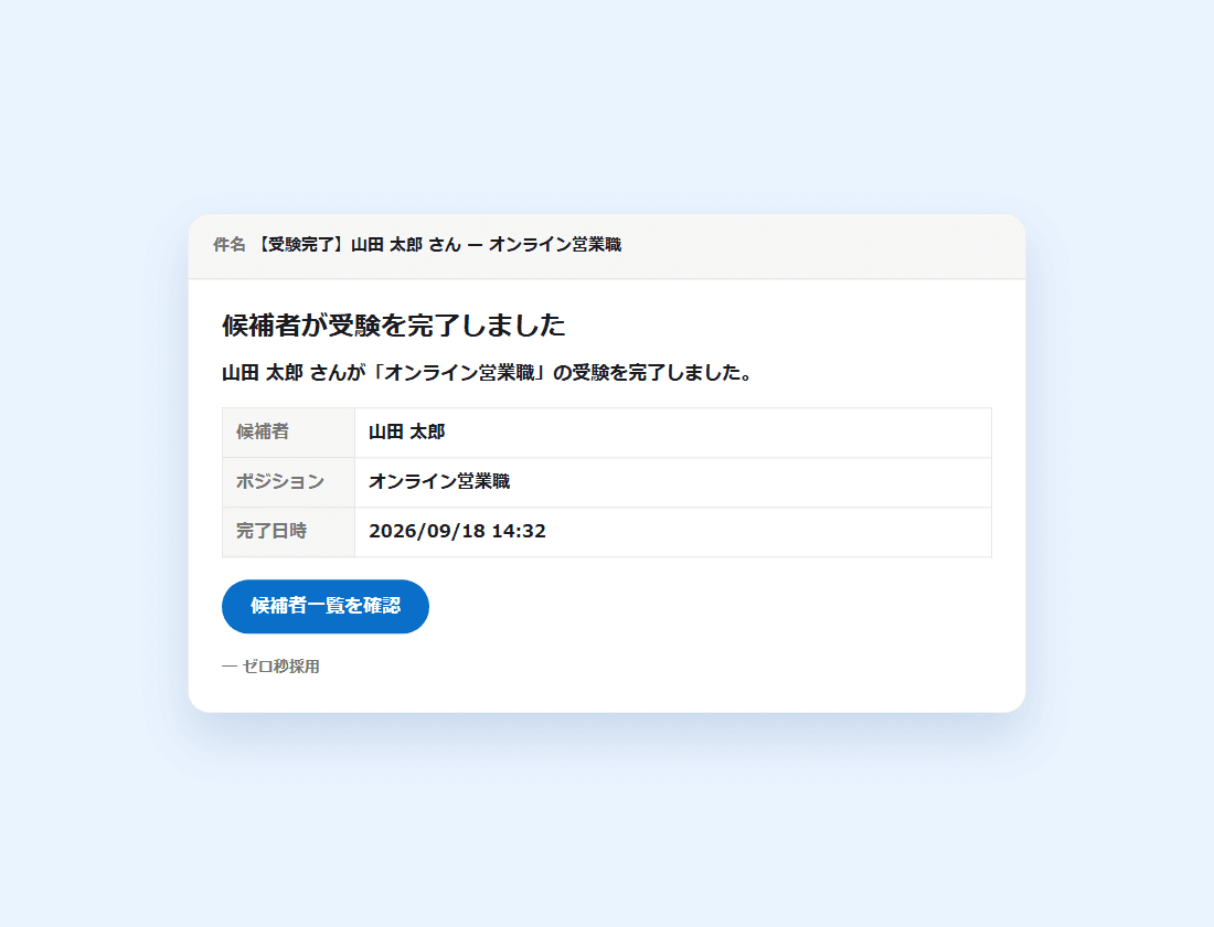 担当者に届く「【受験完了】」のメール。候補者・ポジション・完了日時と「候補者一覧を確認」ボタン(画面の見本)
