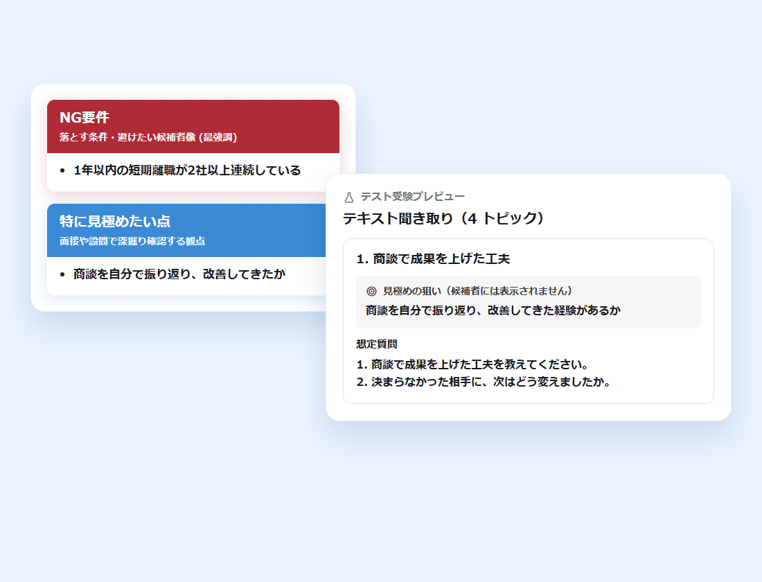 NG要件と特に見極めたい点のカードと、それをもとに作られたテスト受験の想定設問(画面の見本)