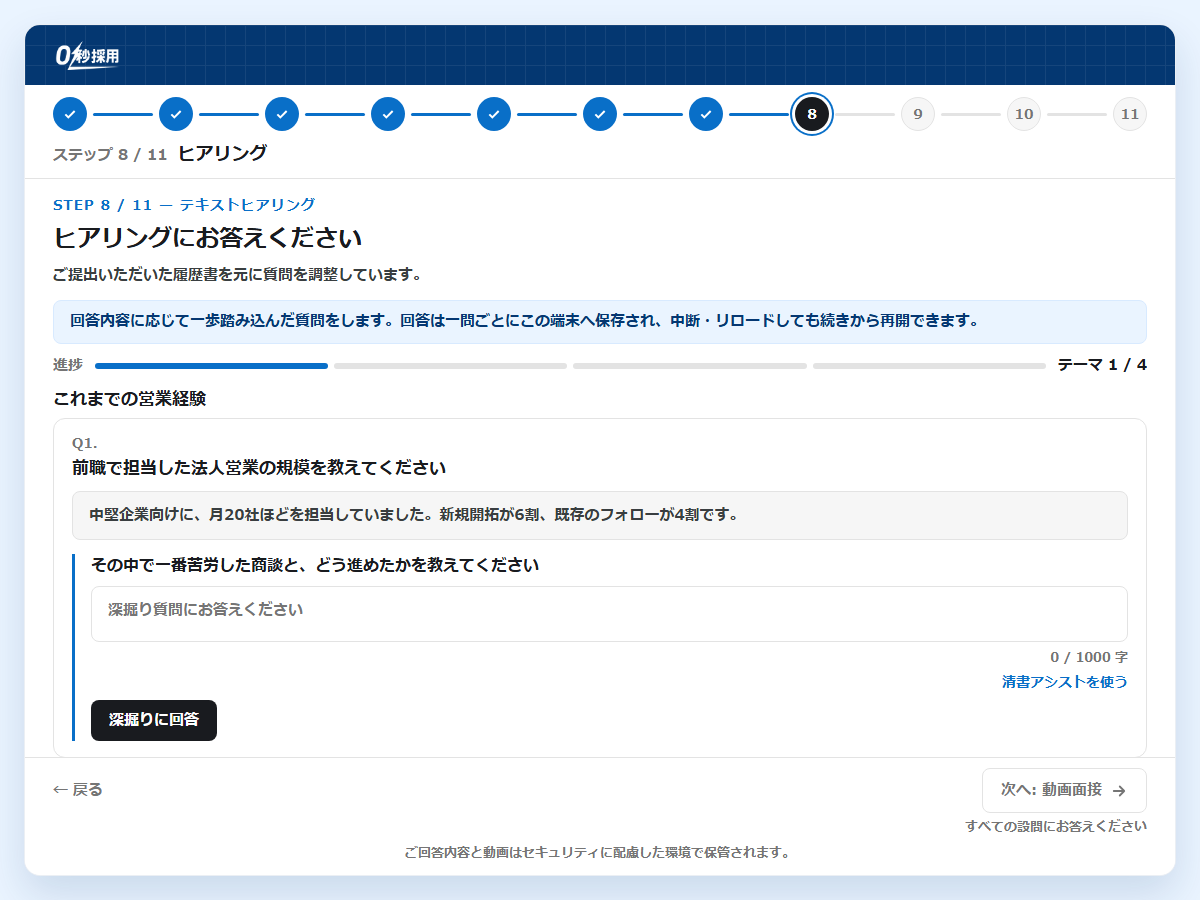 候補者の受験画面。上に受験のステップの順路(7つ完了、8つ目のテキストヒアリングが進行中)、最初の答えと、AIからの掘り下げの質問の入力欄(画面の見本)