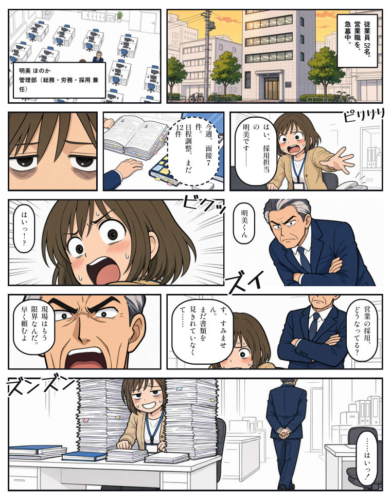 漫画でわかるゼロ秒採用 1ページ目：採用担当者が書類選考と面接の日程調整に追われている様子