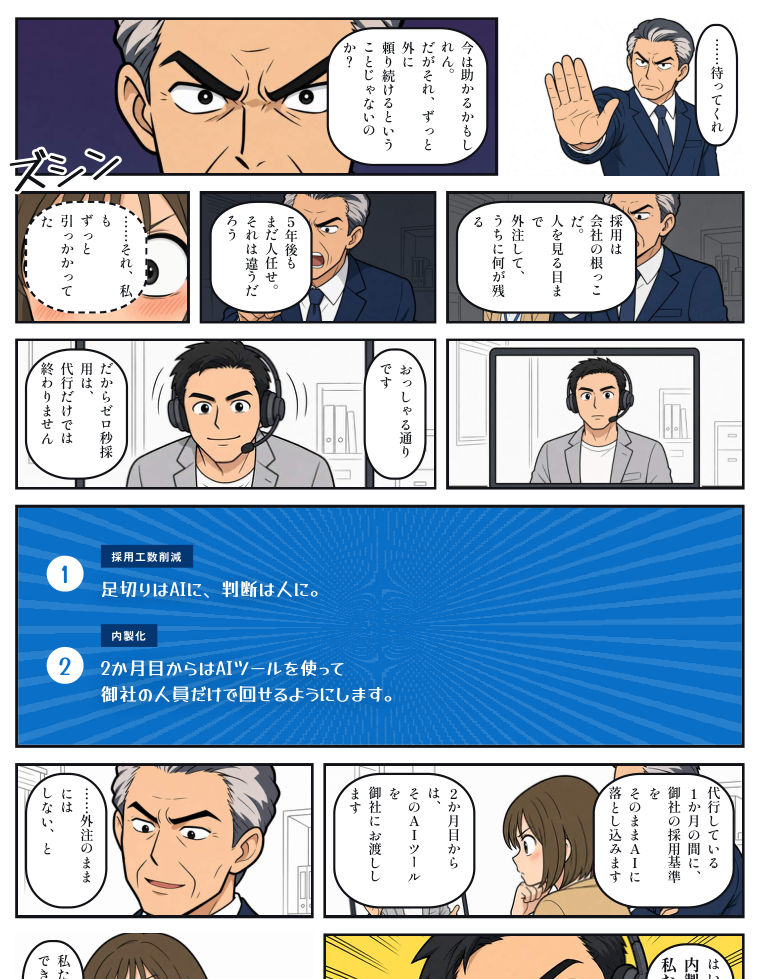 漫画でわかるゼロ秒採用 5ページ目：代行で終わらせず、2か月目からは自社で回せる状態に引き渡すという説明